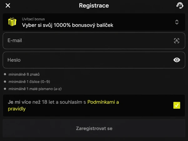 Registrační formulář vyplněný na začátku